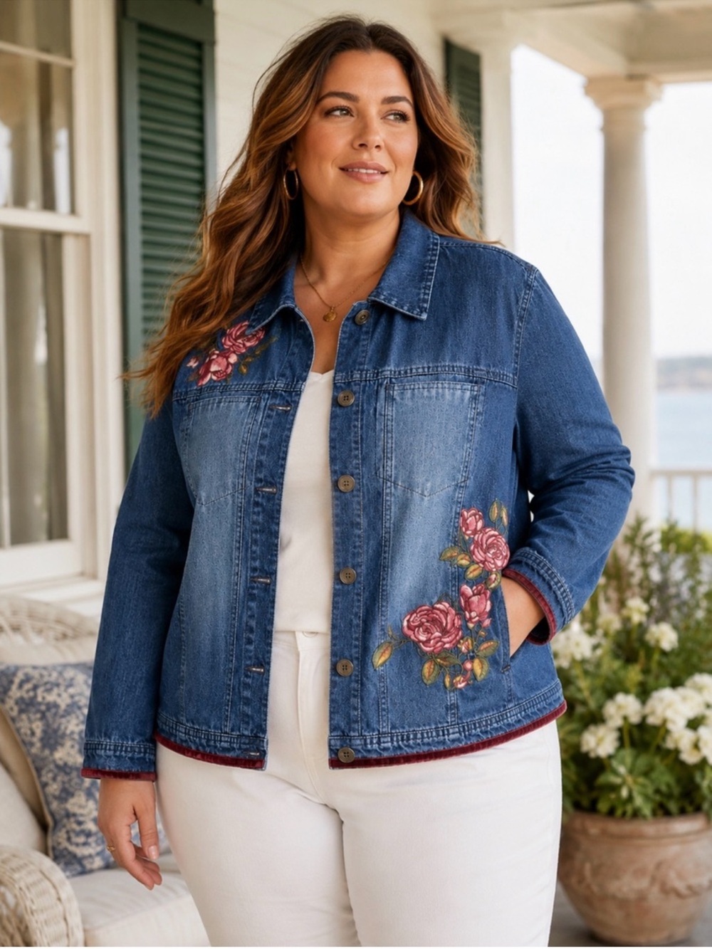 Hannah Floral Embroidered Denim Jacket Velvet Trim Plus Size 1X